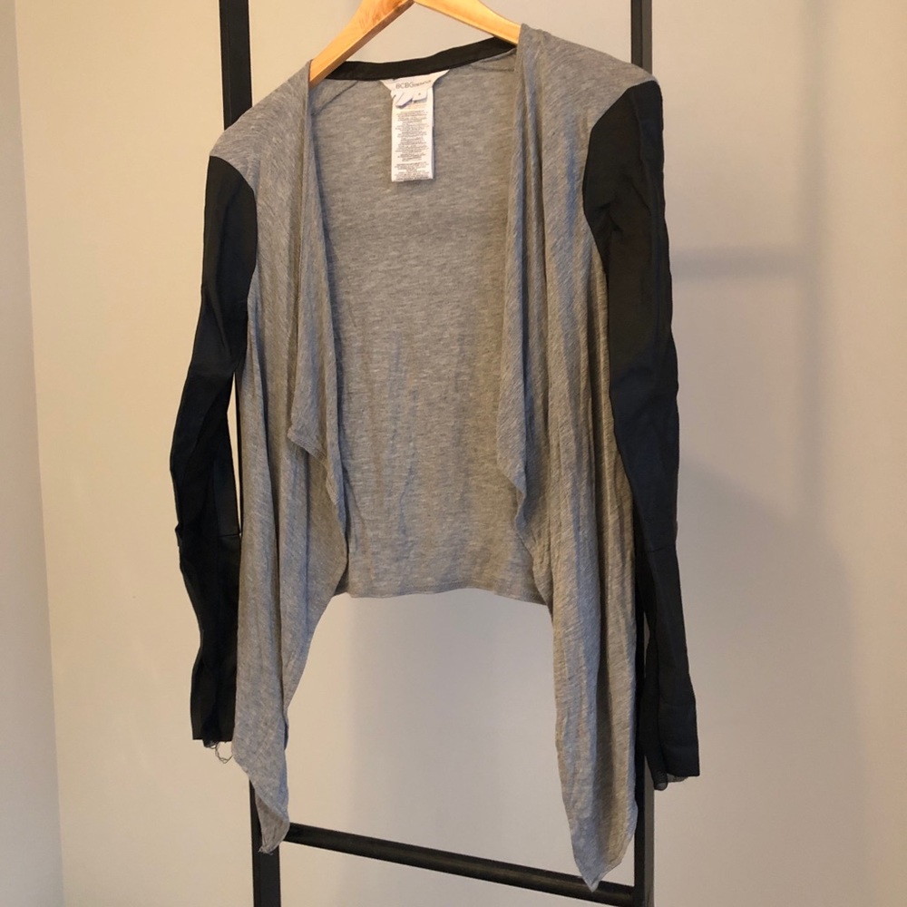 BCBGeneration Gray Faux Leather Mesh Cardigan